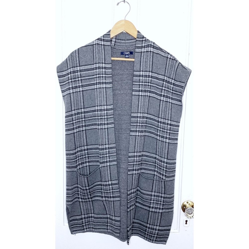 Chaps : size M : gray plaid open front sleeveless knit cardigan fall winter vest